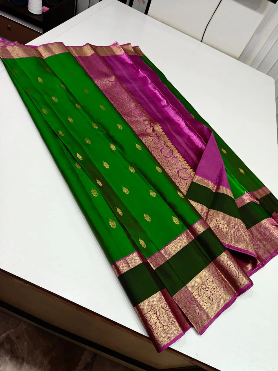 Emerald Green Magenta Pink with Golden Zari Saree